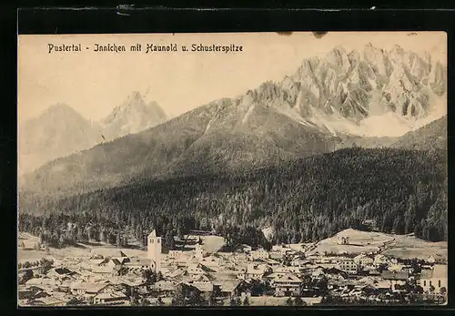 AK Innichen im Pustertal, Generalansicht mit Haunold und Schusterspitze