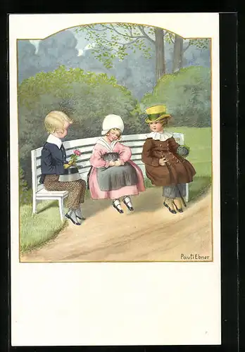Künstler-AK Pauli Ebner: Kinder auf einer Parkbank mit Blumen