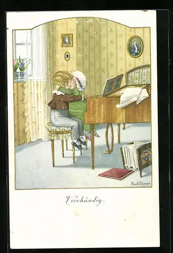 Künstler-AK Pauli Ebner: Vierhändig, Kinder küssen sich am Klavier