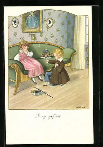 Künstler-AK Pauli Ebner: Jung gefreit, Junge überbringt seinem Mädchen Blumen