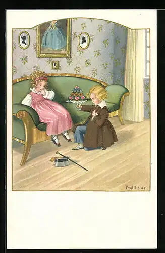 Künstler-AK Pauli Ebner: Kinder im Wohnzimmer, er überreicht ihr einen Strauss Blumen