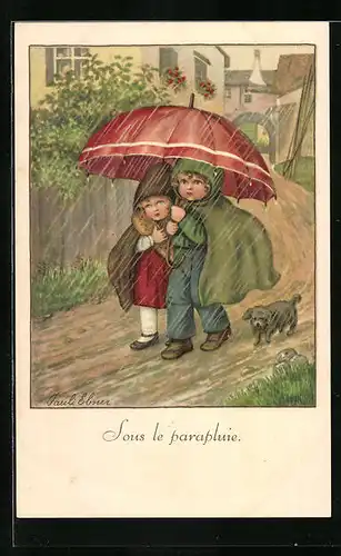 Künstler-AK Pauli Ebner: Sous le parapluie, Kinder mit ihrem Hund im Regen