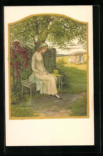 Künstler-AK Pauli Ebner: Junge Frau auf einer Bank unter einem Baum