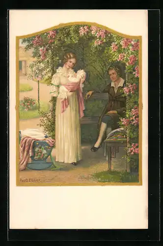 Künstler-AK Pauli Ebner: Junges Paar mit ihrem Baby auf einer Bank
