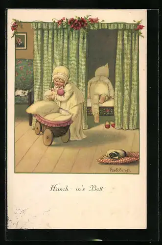 Künstler-AK Pauli Ebner: Husch ins Bett, Kinder mit ihrer Puppe gehen zu Bett