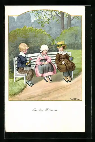 Künstler-AK Pauli Ebner: Zwei Jungen beschenken ein Mädchen mit Blumen, auf einer Bank sitzend