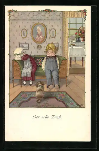 Künstler-AK Pauli Ebner: Der erste Zwist, Kinder nach einem Streit auf dem Sofa