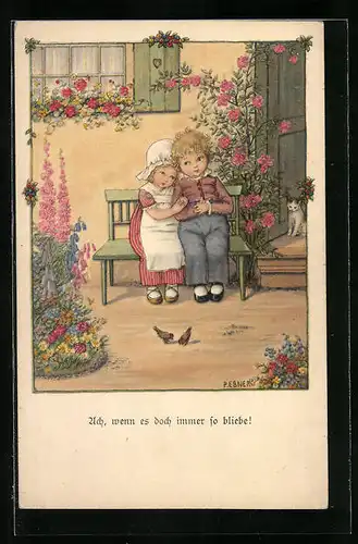 Künstler-AK Pauli Ebner: Ach wenn es doch immer so bliebe! Kinder auf einer Bank vor dem Haus