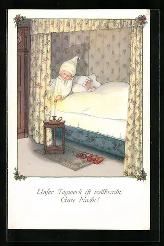 Künstler-AK Pauli Ebner: Unser Tagwerk ist vollbraucht, Gute Nacht!, Kinder löschen das Nachtlicht