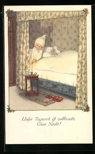 Künstler-AK Pauli Ebner: Kinder löschen ihr Nachtlicht und gehen zu Bett