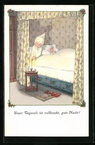 Künstler-AK Pauli Ebner: Tagwerk vollbracht, Gute Nacht, Kinder gehen ins Bette