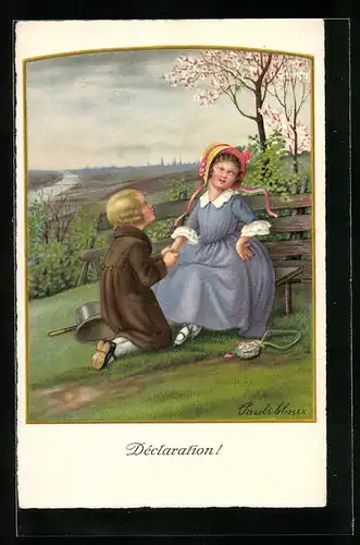 Künstler-AK Pauli Ebner: Declaration, Junge kniet vor der Freundin nieder