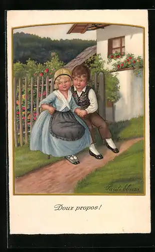 Künstler-AK Pauli Ebner: Doux Propos!, Junge und Mädchen auf einer Bank
