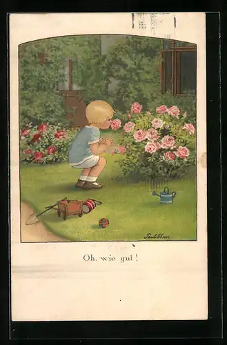 Künstler-AK Pauli Ebner: Oh, wie gut!, Kind schnuppert an den Rosen im Garten
