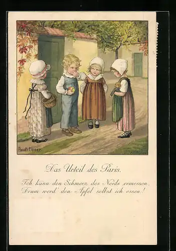 Künstler-AK Pauli Ebner: Das Urteil des Paris., Kinder auf der Strasse vor dem Gartentor