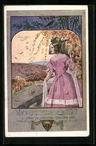 AK Deutscher Schulverein Nr. 1026: Frau im rosafarbenen Kleid blickt ins Tal, Lied Wenn die Schwalben heimwärts ziehen