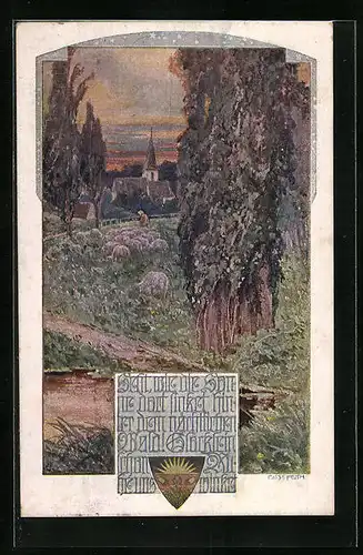 AK Deutscher Schulverein Nr. 1045: Schafe auf der Weide, Blick zur kirche