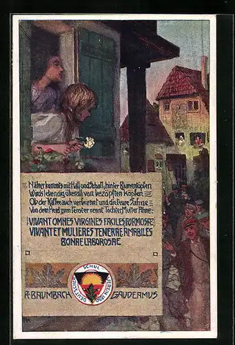 AK Deutscher Schulverein Nr. 238: R. Baumbach Gaudeamus, Männer versammeln sich vor dem Fenster