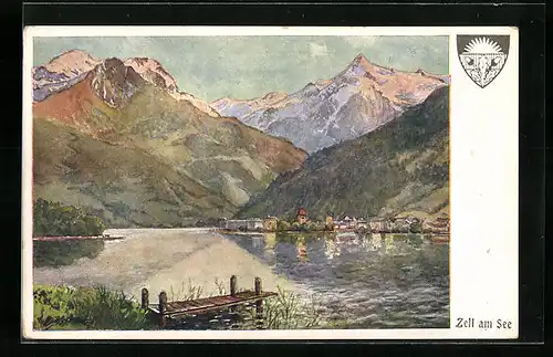 AK Deutscher Schulverein Nr. 577: Zell am See, der kleine Bootssteg, Ortspanorama