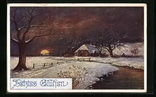 AK Deutscher Schulverein Nr. 777: Letztes Blühen, Bauernhof im Schnee