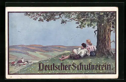 AK Deutscher Schulverein: Junges Paar unter einem Baum mit Blick auf das Dorf