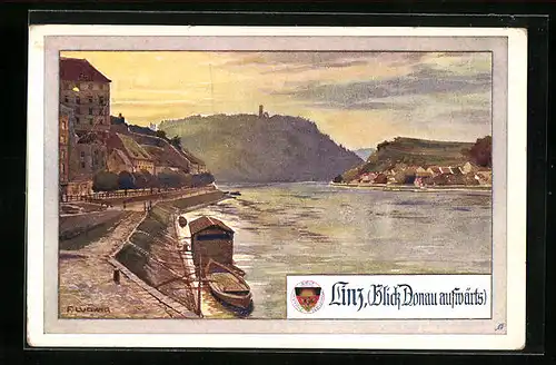 AK Deutscher Schulverein Nr. 487: Linz, Blick entlang des Donauufers Flussaufwärts