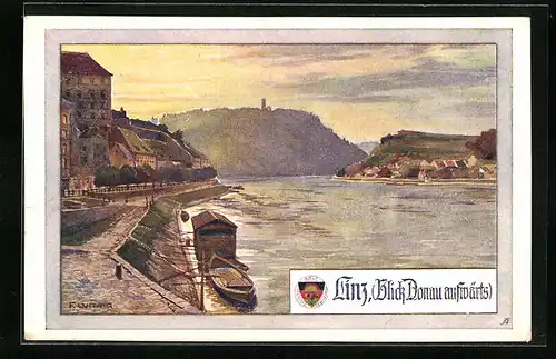 AK Deutscher Schulverein Nr. 487: Linz, Schiff am Donauufer, Blick Flussaufwärts