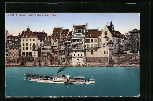 AK Basel, alte Häuser am Rhein