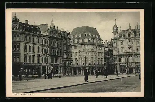 AK Basel, Marktplatz mit Apotheke und Café Singer