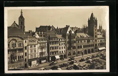 AK Basel, Marktplatz aus der Vogelschau