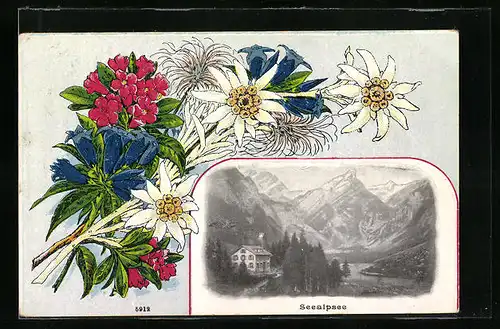 Präge-AK Seealpsee, Gasthaus am Seeufer mit Gebirgswand, Blumen