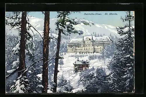 AK St. Moritz, Blick auf Winteridylle mit Suvretta-Haus