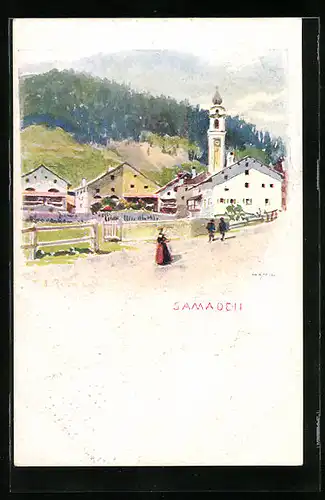 Künstler-AK Samedan, Partie an der Kirche