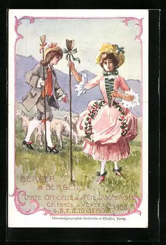 Künstler-AK Vevey, Berger & Bergère, La Fête des Vignerons 1905, Hirte und Hirtin mit Schafen