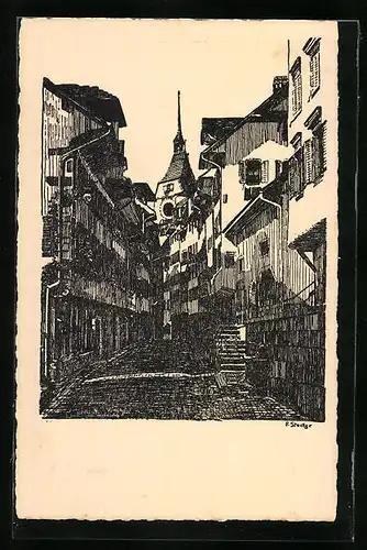 Künstler-AK Zug, Strasse Altstadt-Obergasse mit Treppe