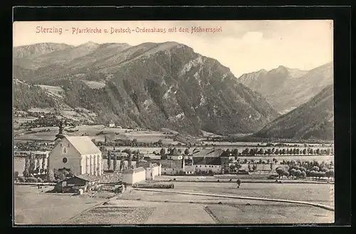 AK Sterzing, Pfarrkirche und Deutsch-Ordenshaus mit dem Hühnerspiel