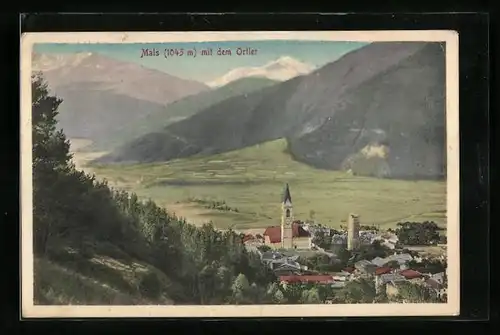 AK Mals, Teilansicht mit Kirche und dem Ortler