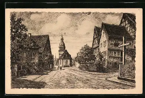 Künstler-AK Neustadt / Odenwald, Blick zur ev. Kirche
