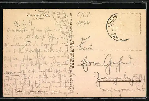 Künstler-AK Neustadt / Odenwald, Blick zur ev. Kirche