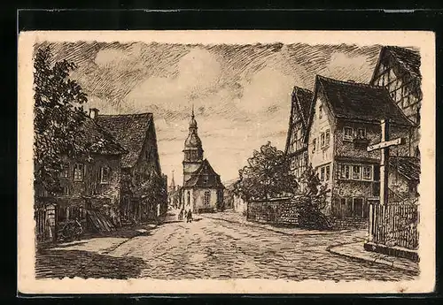 Künstler-AK Neustadt / Odenwald, Blick auf die ev. Kirche