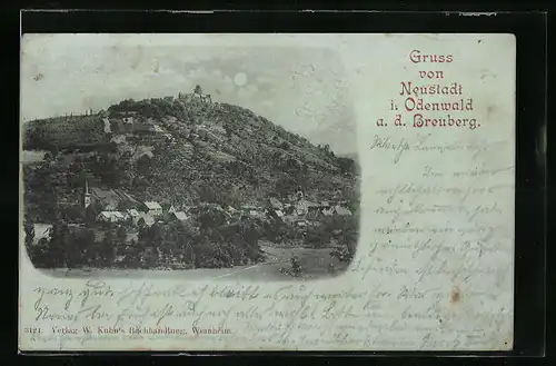 Mondschein-AK Neustadt i. O., Gesamtansicht mit dem Breuberg