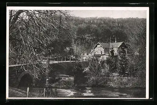 AK Marbach i. O., am Fluss mit Brücke und Fachwerkhaus