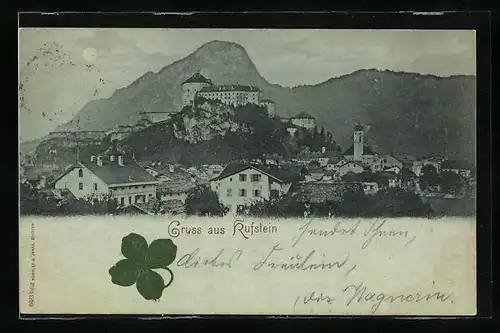 Mondschein-AK Kufstein, Totalansicht mit Schloss