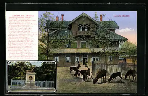 AK Thale-Treseburg /Harz, Dambachhaus mit Hirsch und Rehen, Pfeil`s Denkmal