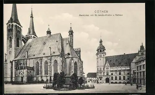 AK Cöthen, Marktplatz mit St. Jakobs-Kirche und Rathaus