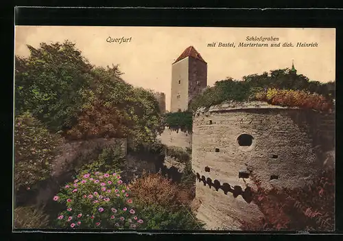 AK Querfurt, Schlossgraben mit Bastei, Marterturm und dick. Heinrich