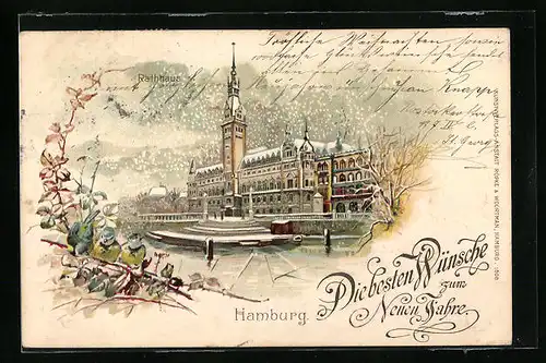 Lithographie Hamburg, Rathaus im Schnee, Neujahrsgruss