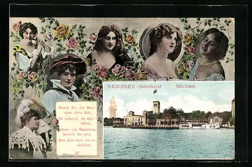 AK Hamburg-Uhlenhorst, Gasthaus Fährhaus mit Dampfer, Damenportraits