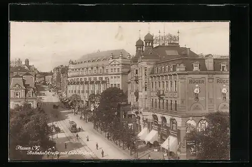 AK Plauen i. V., Bahnhofstrasse mit Cafe Trömel und Strassenbahn