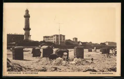 AK Warnemünde, Strand und Leuchtturm